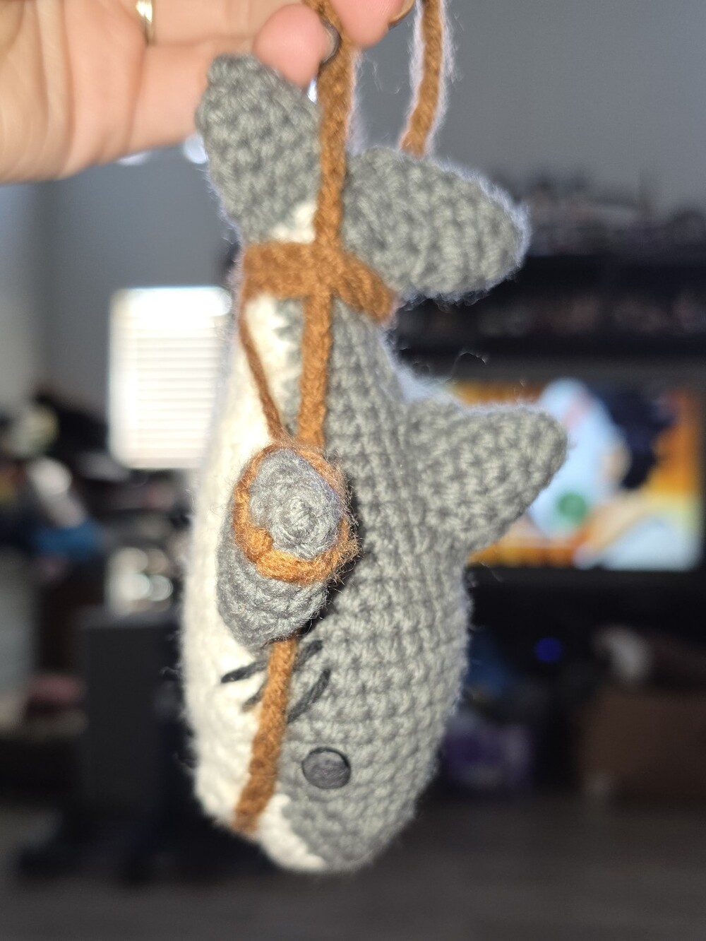 Handmade Gray Shark Crochet Ornament with Brown Accent